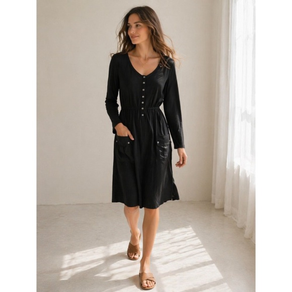 Soma Black Button Front Dress Small Soft Knit Midi‎ Casual Pockets